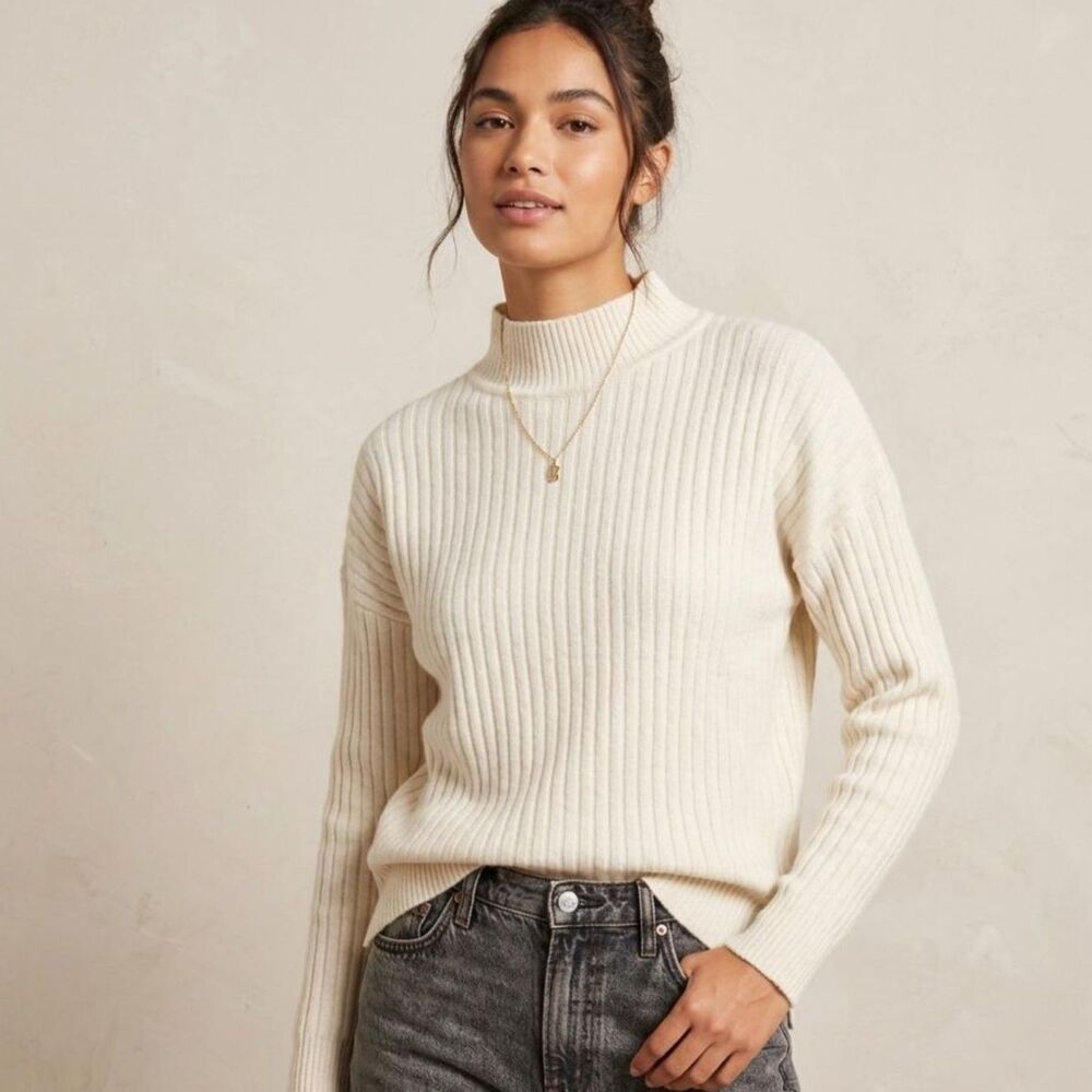 Marled Women's Sweater Cream  Ribbed Knit Mock Neck Cozy Soft Sz S Minimalist